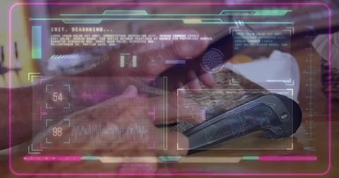 Image of data processing over caucasian man paying with smartphone Foto stock