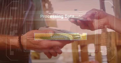Image of data processing over caucasian woman paying with smartphone Foto stock