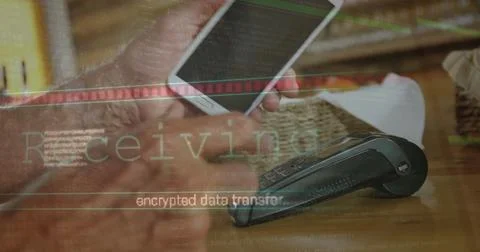 Image of data processing over caucasian man paying with smartphone Stockfoto's