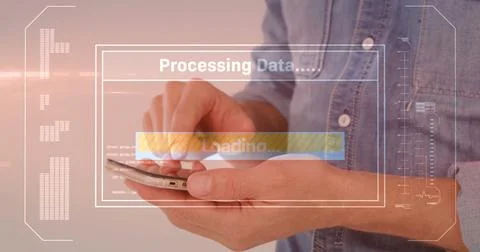 Image of data processing over caucasian man using smartphone Stock Photos