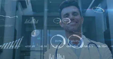 Image of data processing over caucasian male doctor Stockfoto's