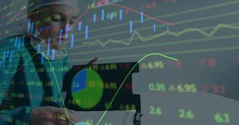 Image of data processing over caucasian female surgeon Stock Photos