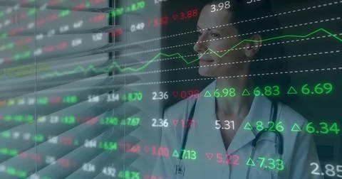 Image of data processing over caucasian female doctor Foto stock