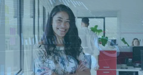 Image of data processing over caucasian businesswoman smiling Stock Photos