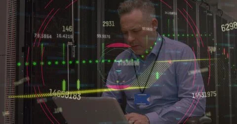 Image of data processing over caucasian man using computer in server room 스톡 사진