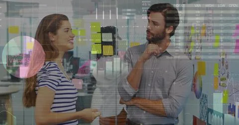 Image of data processing over caucasian business people talking Stock Photos