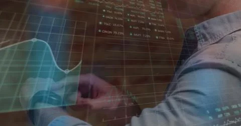 Image of data processing over caucasian man with smartwatch Stock Photos