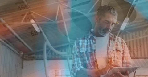 Image of data processing over caucasian man using tablet Stock Photos