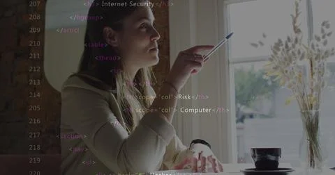 Image of data processing over caucasian business people in cafe Foto stock