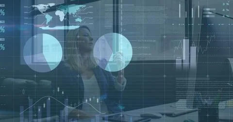 Image of data processing over caucasian businesswoman using computer at offic 스톡 사진