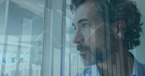 Image of data processing over caucasian businessman in office 스톡 사진