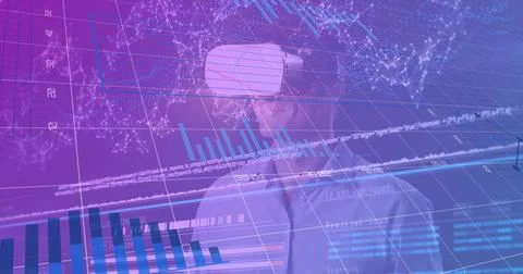 Image of data processing over caucasian man with vr headset Stock Photos