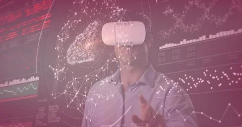 Image of data processing over caucasian man with vr headset Stock Photos