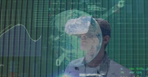 Image of data processing over caucasian man with vr headset 스톡 사진