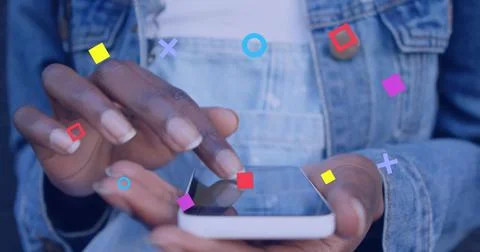 Image of data processing over caucasian man using smartphone Stock Photos