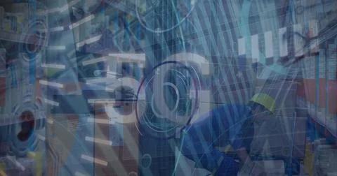 Image of data processing over caucasian male worker in warehouse Stock-Fotos