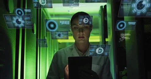 Image of data processing over caucasian businesswoman by computer servers Stock Photos