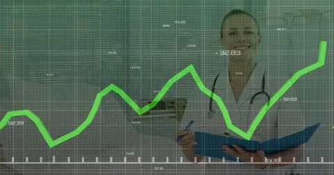 Image of data processing over caucasian female doctor Foto stock