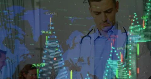Image of data processing over caucasian male doctor with patient Stock Photos