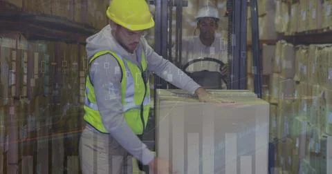 Image of data processing over caucasian male worker stacking delivery boxes.. Stock Photos