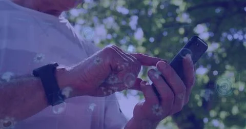 Image of data processing over caucasian man with smartphone Stock Photos