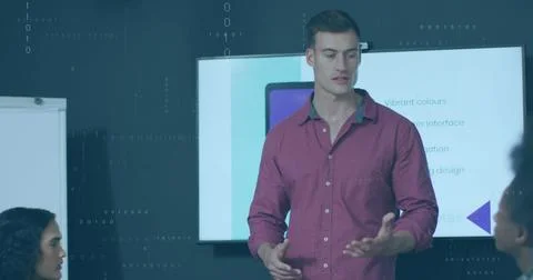 Image of data processing over caucasian man giving a presentation to his co.. Stockfoto's