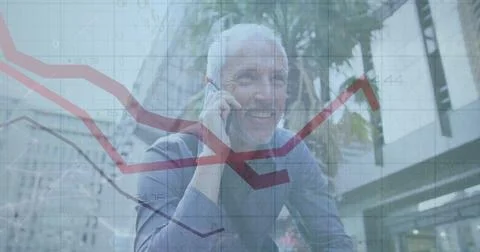 Image of data processing over caucasian man using smartphone Stock Photos