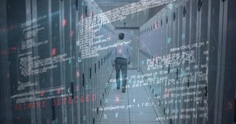 Image of data processing over caucasian man in server room 스톡 사진