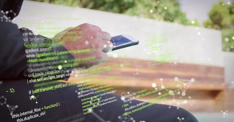 Image of data processing over caucasian man using smartphone 写真素材
