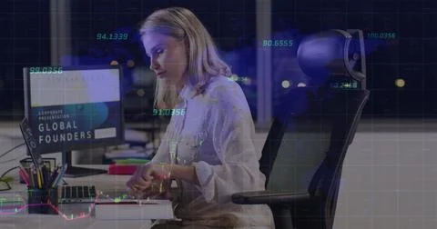 Image of data processing over caucasian businesswoman using computer 스톡 사진