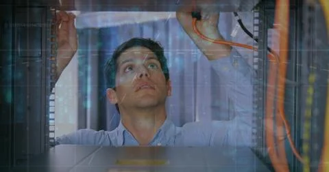 Image of data processing over caucasian man checking wires in servers Stock Photos