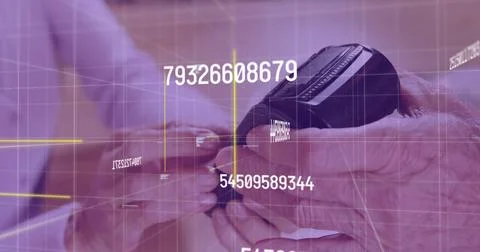 Image of data processing over caucasian woman paying with terminal Stock Photos