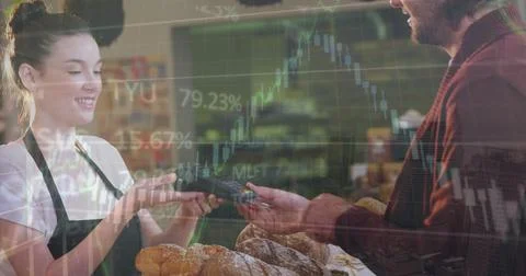 Image of data processing over caucasian man using credit card to make payment at Foto stock