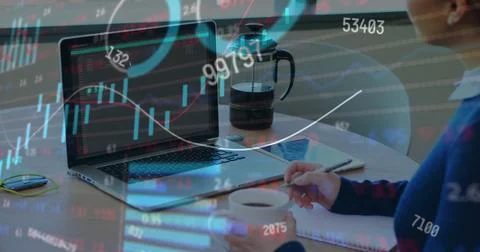 Image of data processing over caucasian businesswoman drinking coffee and taking Stockfoto's