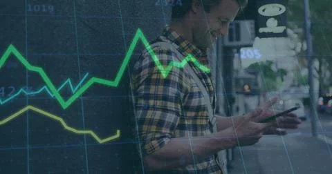 Image of data processing over caucasian man using smartphone Stock Photos