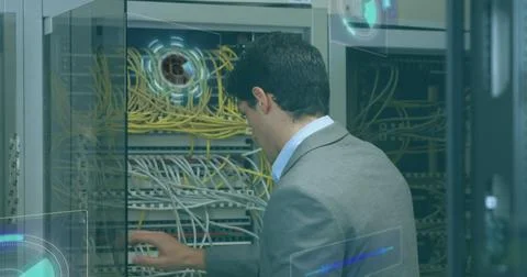 Image of data processing over caucasian man in server room Stock Photos