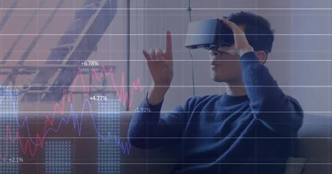 Image of data processing over caucasian man with vr headset Stock Photos