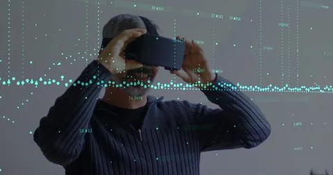 Image of data processing over caucasian man with vr headset Stock Photos