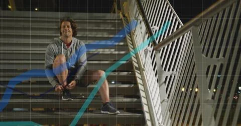 Image of data processing over caucasian man doing up shoe laces during running Stock Photos