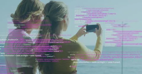 Image of data processing over caucasian couple using smartphone Fotos Stock