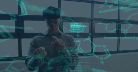 Image of data processing over caucasian man using vr headset Stock Photos