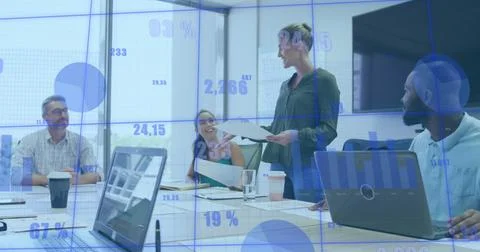 Image of data processing over caucasian woman reading a document to her Stock Photos