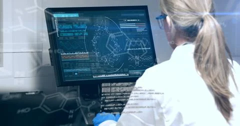 Image of data processing over caucasian senior female scientist using computer Stock Photos