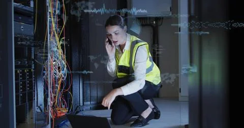 Image of data processing over caucasian female engineer talking on smartphone at Stock Photos