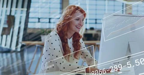 Image of data processing over caucasian businesswoman using computer in office Stock Photos
