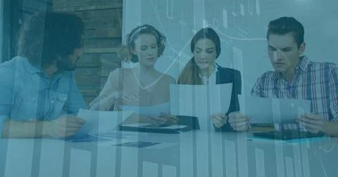 Image of data processing over caucasian woman giving documents to colleagues at Stock Photos