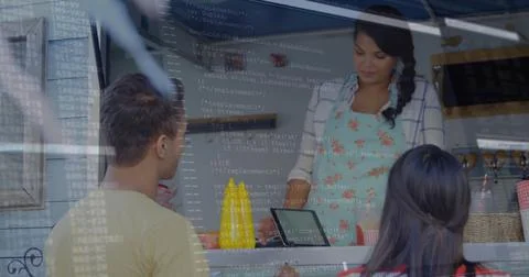 Image of data processing over caucasian man paying with smartphone Stock Photos