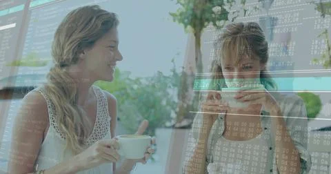 Image of data processing over caucasian women drinking coffee Foto stock