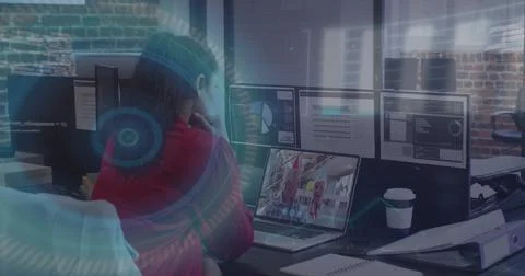 Image of data processing over caucasian businesswoman wearing vr phone headset 스톡 사진
