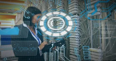 Image of data processing over caucasian woman checking computer wires Stock Photos